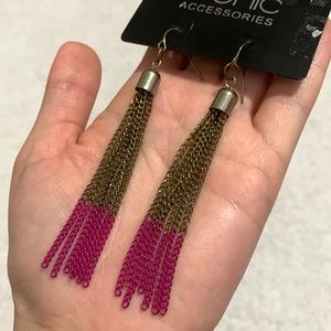 Hot Pink Dipped Long Bronze Dangle Earrings